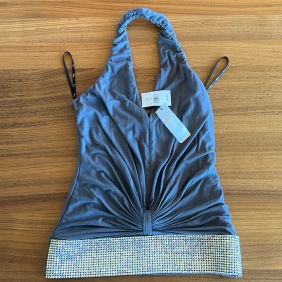 Sky Tops - Sky Steel Blue Halter Camisole with Rhinestone Band